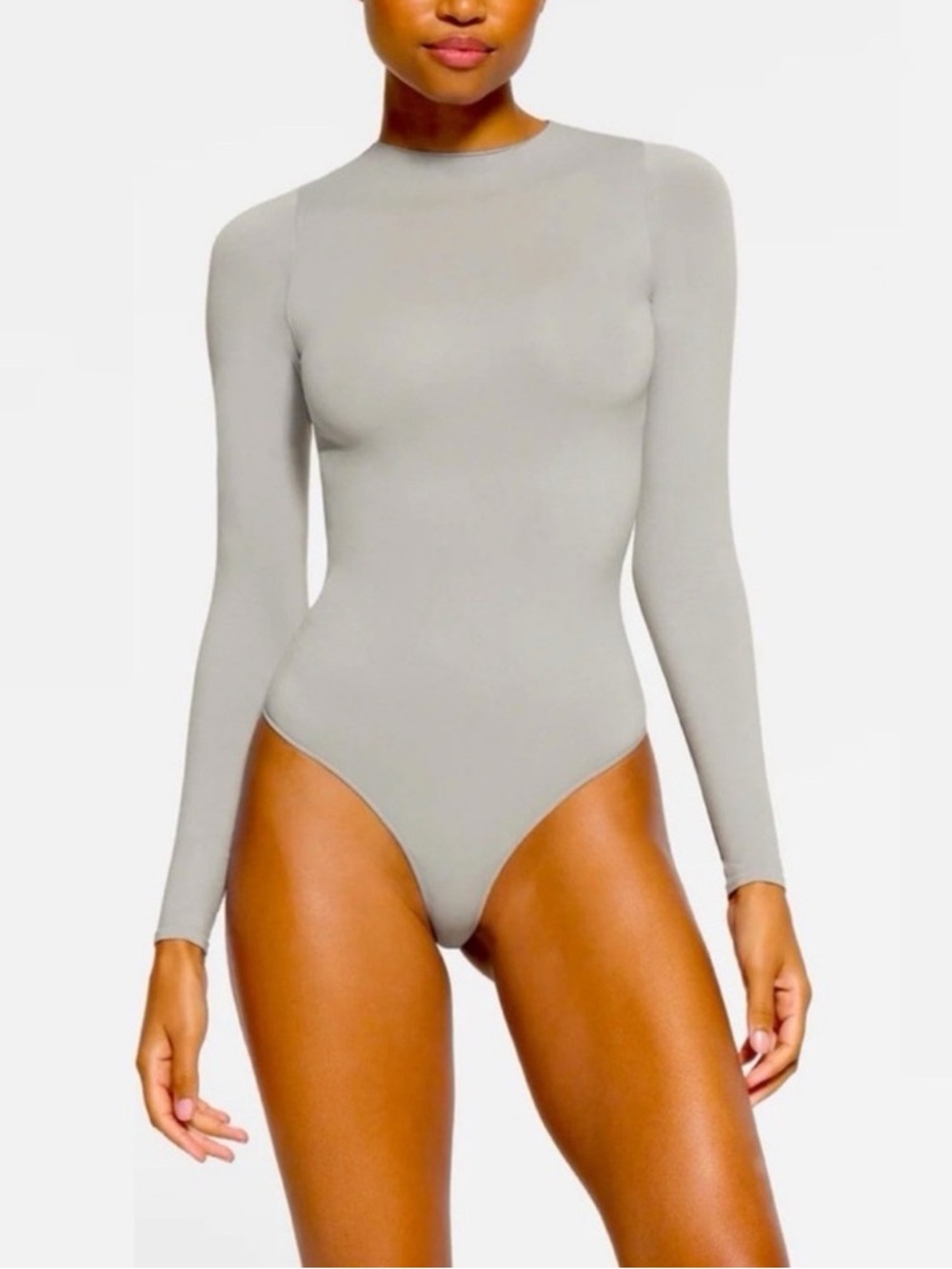 SKIMS Long-Sleeve Crewneck Bodysuit in Light Gray
